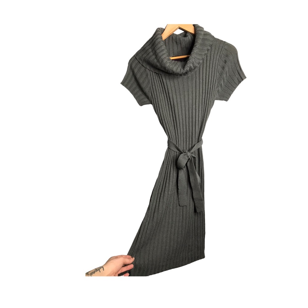 She’s Cool | Green Gray turtleneck fitted cable knit sweater dress •